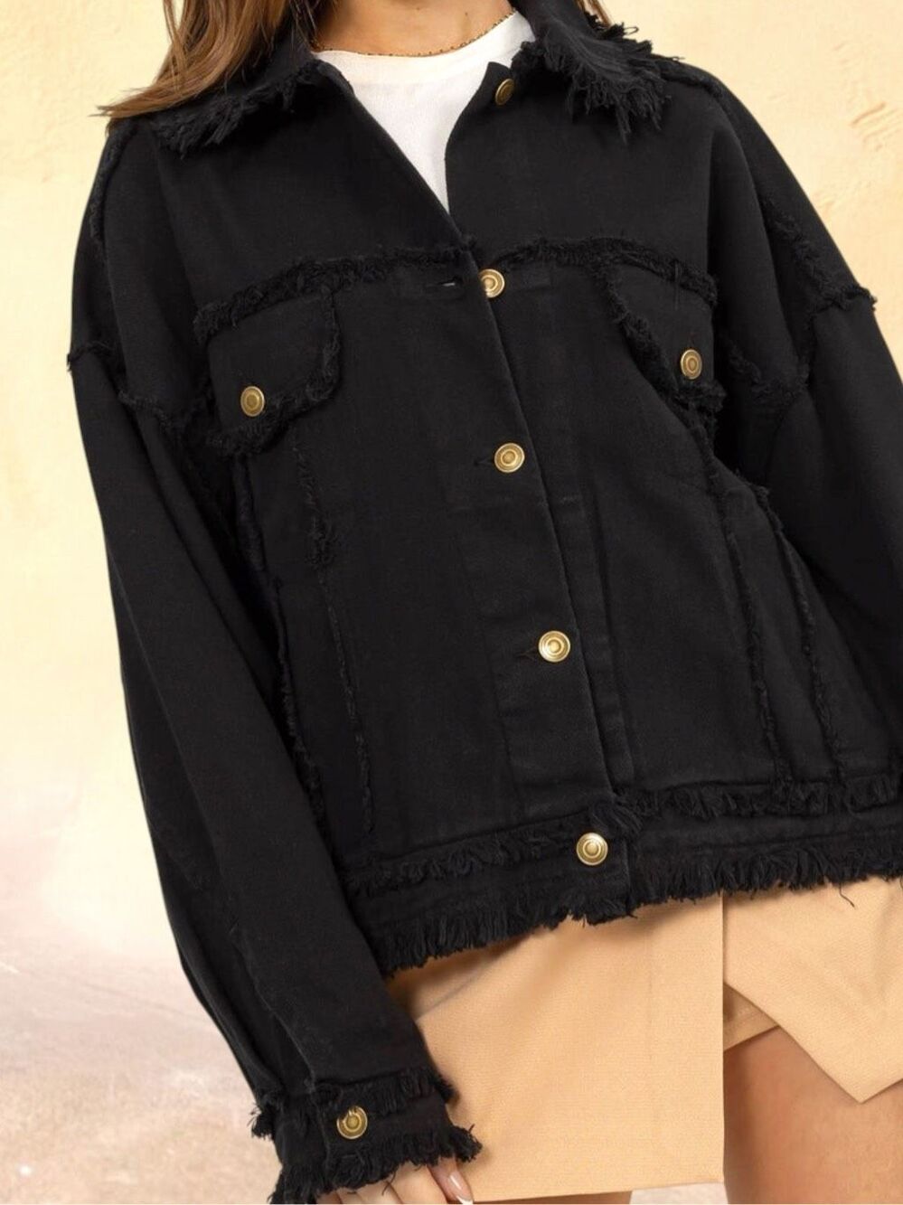 Black Oversized Raw Hem Denim Shacket Jacket Frayed Trucker Button Up HYFVE L - Picture 10 of 15